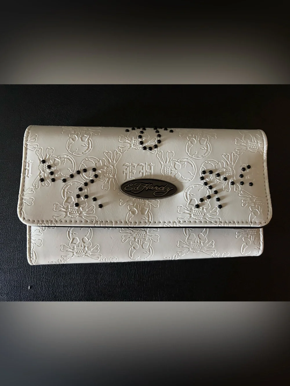 🆕 Ed Hardy White Embossed Skull Wallet with Black Stud Accents